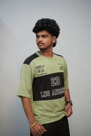 Men’s Oversized Printed Round Neck T-Shirt – Los Angeles 23 Street Style - Pista Green With Black